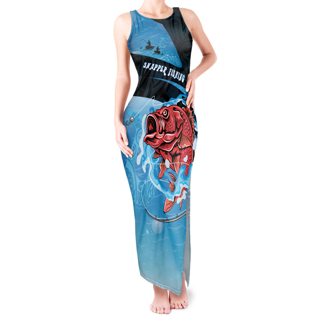 Personalised Snapper Fishing New Zealand Tank Maxi Dress Tamure Fish Hook Maori Pattern LT22 Women Blue - Polynesian Pride