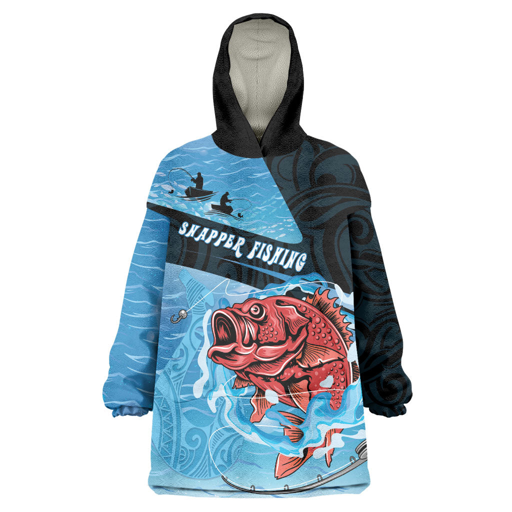 Personalised Snapper Fishing New Zealand Wearable Blanket Hoodie Tamure Fish Hook Maori Pattern LT22 One Size Blue - Polynesian Pride