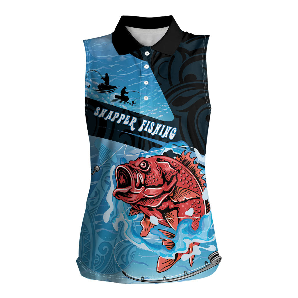 Personalised Snapper Fishing New Zealand Women Sleeveless Polo Shirt Tamure Fish Hook Maori Pattern LT22 Female Blue - Polynesian Pride