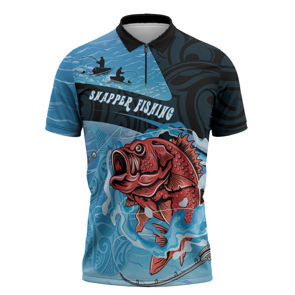 Personalised Snapper Fishing New Zealand Zipper Polo Shirt Tamure Fish Hook Maori Pattern LT22 Blue - Polynesian Pride