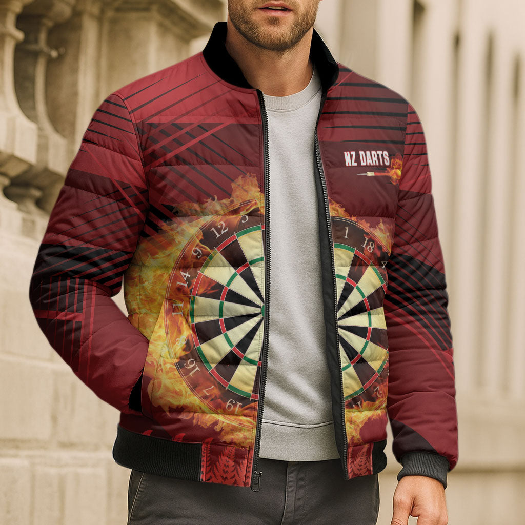 Personalised Darts New Zealand Bomber Puffer Jacket Silver Fern Red Color LT22 - Polynesian Pride