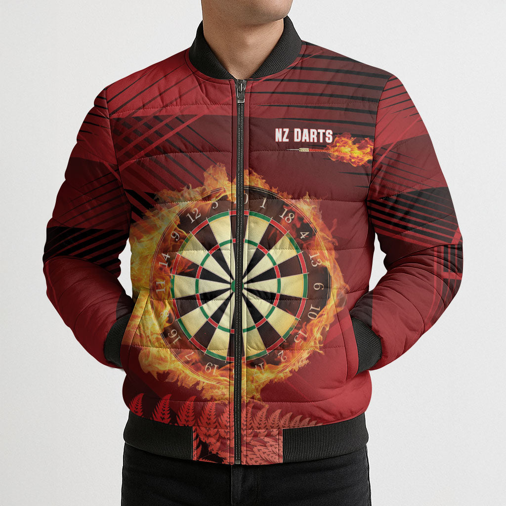 Personalised Darts New Zealand Bomber Puffer Jacket Silver Fern Red Color LT22 - Polynesian Pride