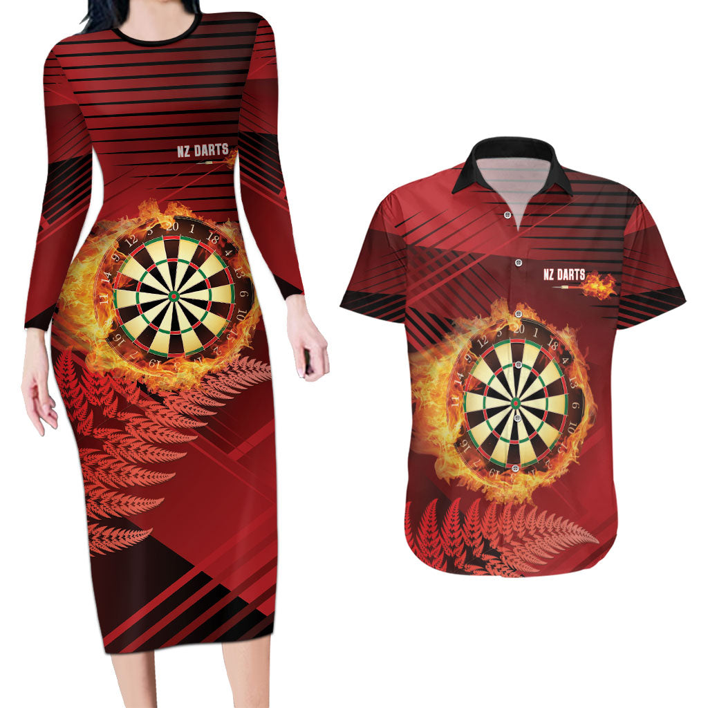 Personalised Darts New Zealand Couples Matching Long Sleeve Bodycon Dress and Hawaiian Shirt Silver Fern Red Color LT22 Red - Polynesian Pride
