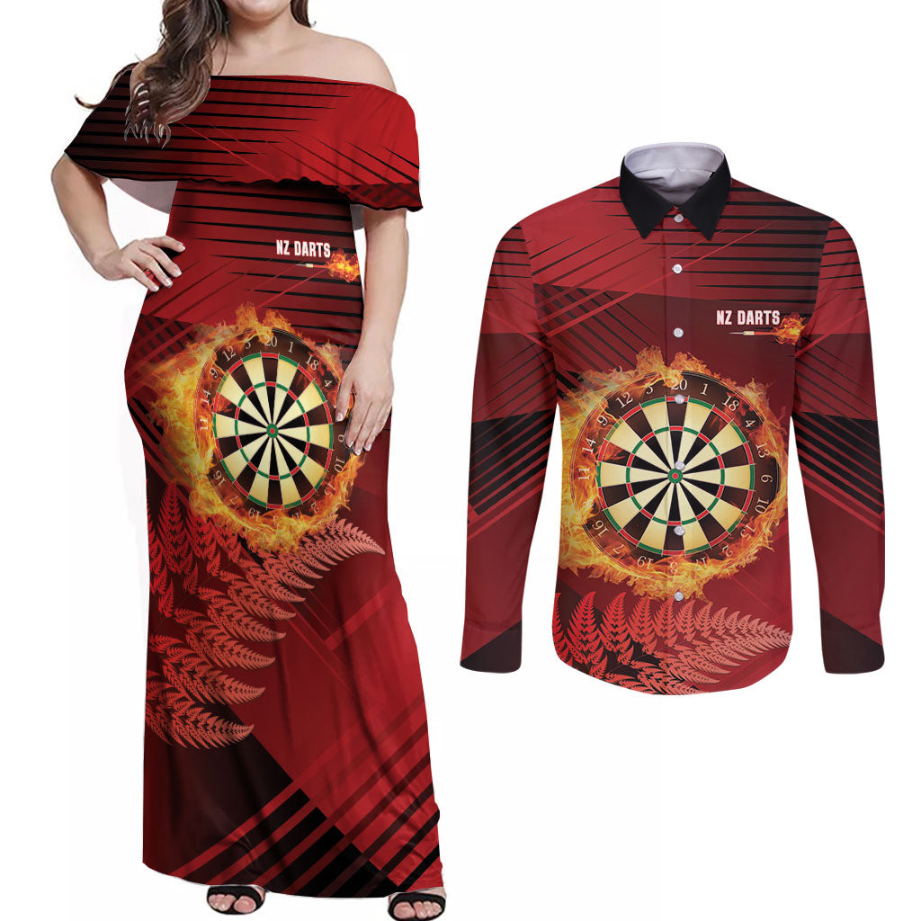 Personalised Darts New Zealand Couples Matching Off Shoulder Maxi Dress and Long Sleeve Button Shirt Silver Fern Red Color LT22 Red - Polynesian Pride