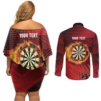 Personalised Darts New Zealand Couples Matching Off Shoulder Short Dress and Long Sleeve Button Shirt Silver Fern Red Color