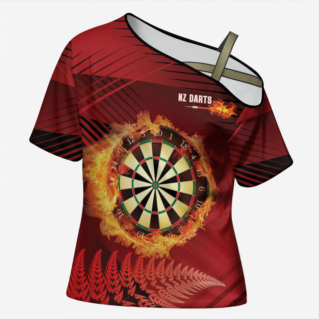 Personalised Darts New Zealand Cross Shoulder Shirt Silver Fern Red Color LT22 Female Red - Polynesian Pride