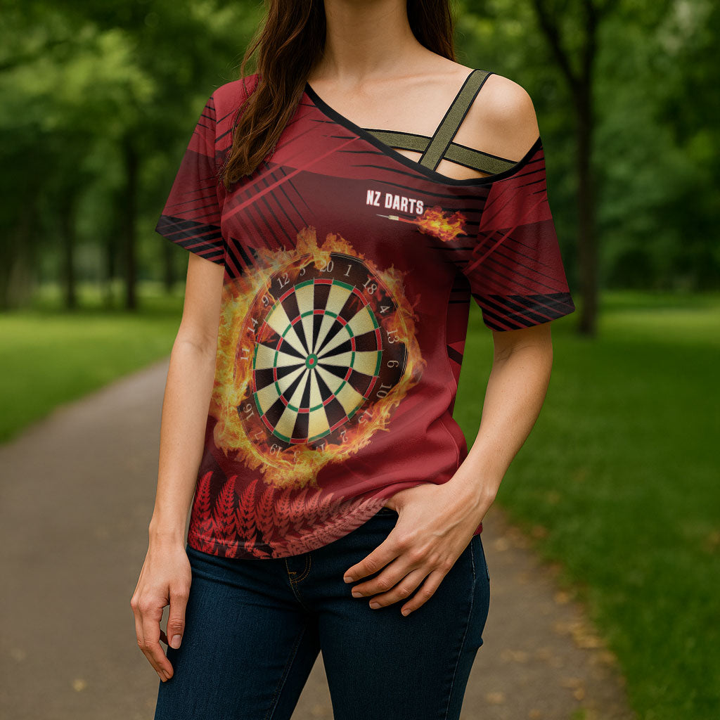 Personalised Darts New Zealand Cross Shoulder Shirt Silver Fern Red Color LT22 - Polynesian Pride