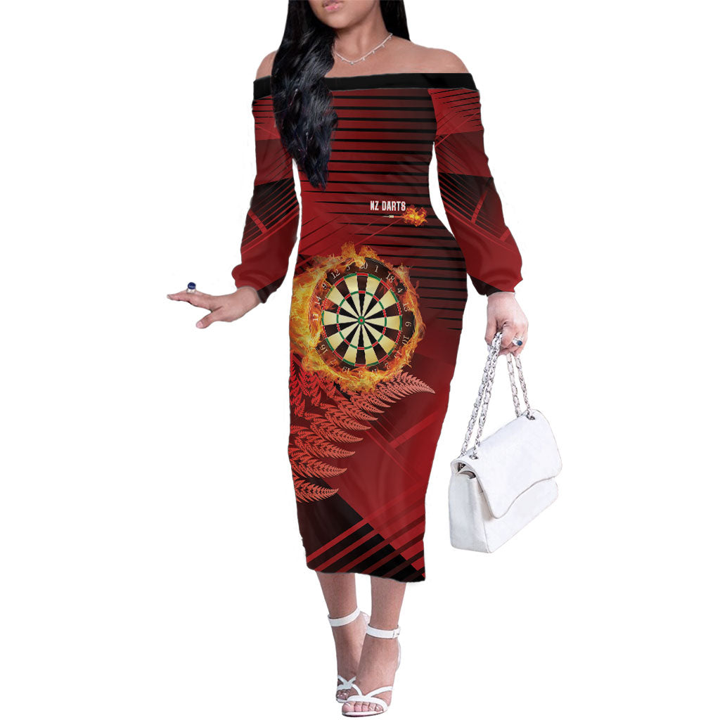 Personalised Darts New Zealand Family Matching Off The Shoulder Long Sleeve Dress and Hawaiian Shirt Silver Fern Red Color