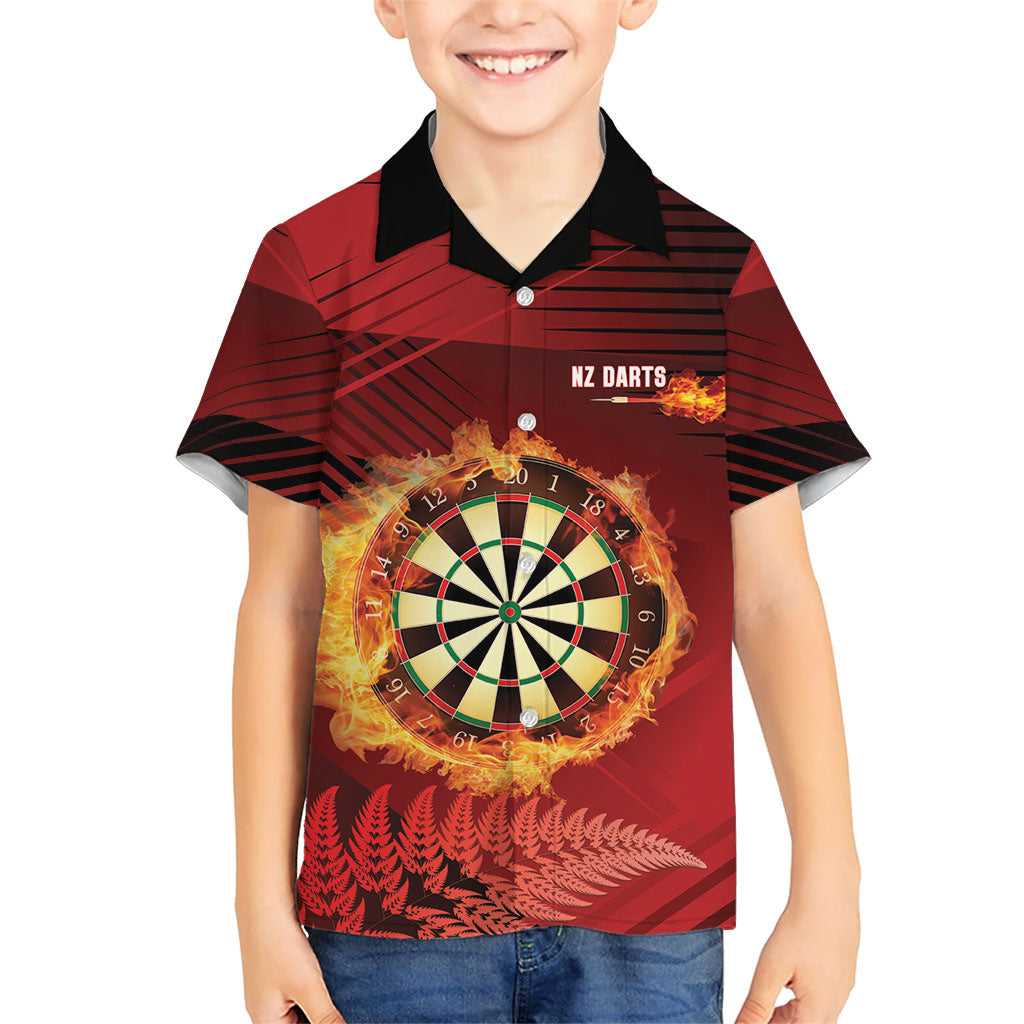 Personalised Darts New Zealand Family Matching Off Shoulder Short Dress and Hawaiian Shirt Silver Fern Red Color