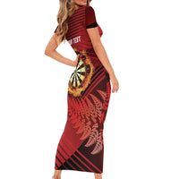 Personalised Darts New Zealand Family Matching Short Sleeve Bodycon Dress and Hawaiian Shirt Silver Fern Red Color