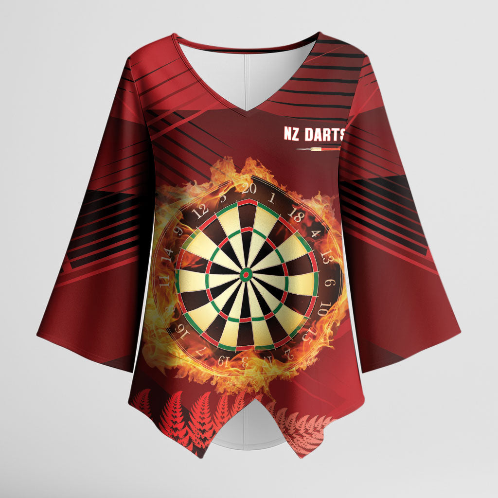 Personalised Darts New Zealand Kimono Sleeve Blouse Silver Fern Red Color LT22 Female Red - Polynesian Pride