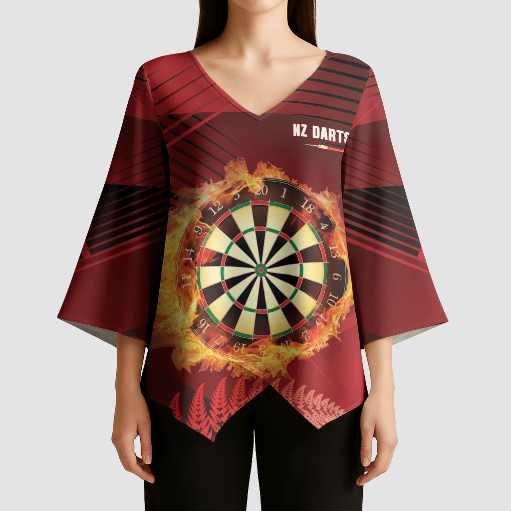 Personalised Darts New Zealand Kimono Sleeve Blouse Silver Fern Red Color LT22 - Polynesian Pride