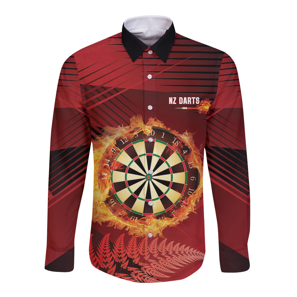 Personalised Darts New Zealand Long Sleeve Button Shirt Silver Fern Red Color LT22 Unisex Red - Polynesian Pride