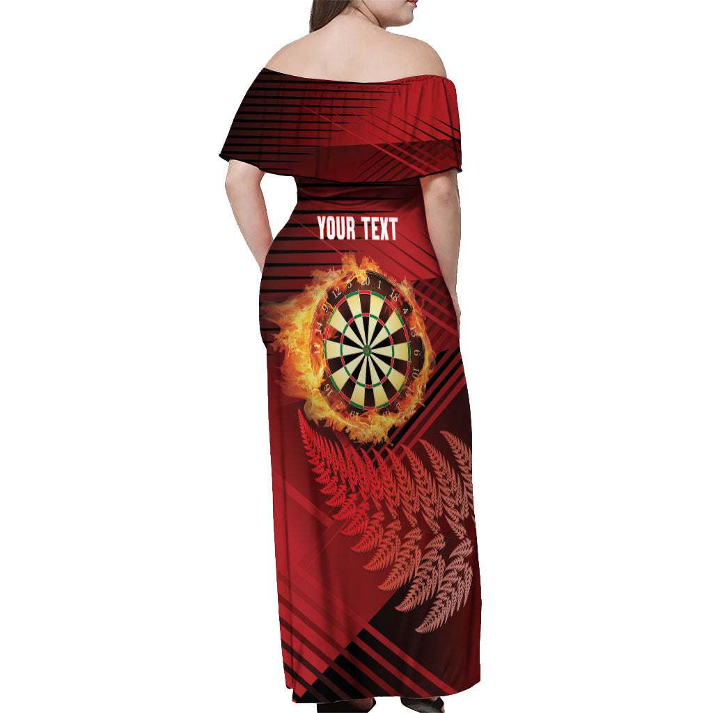 Personalised Darts New Zealand Off Shoulder Maxi Dress Silver Fern Red Color LT22 - Polynesian Pride