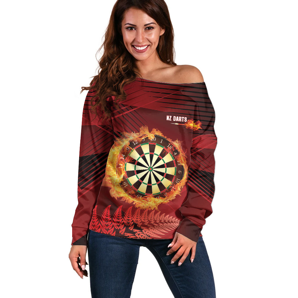 Personalised Darts New Zealand Off Shoulder Sweater Silver Fern Red Color LT22 Women Red - Polynesian Pride