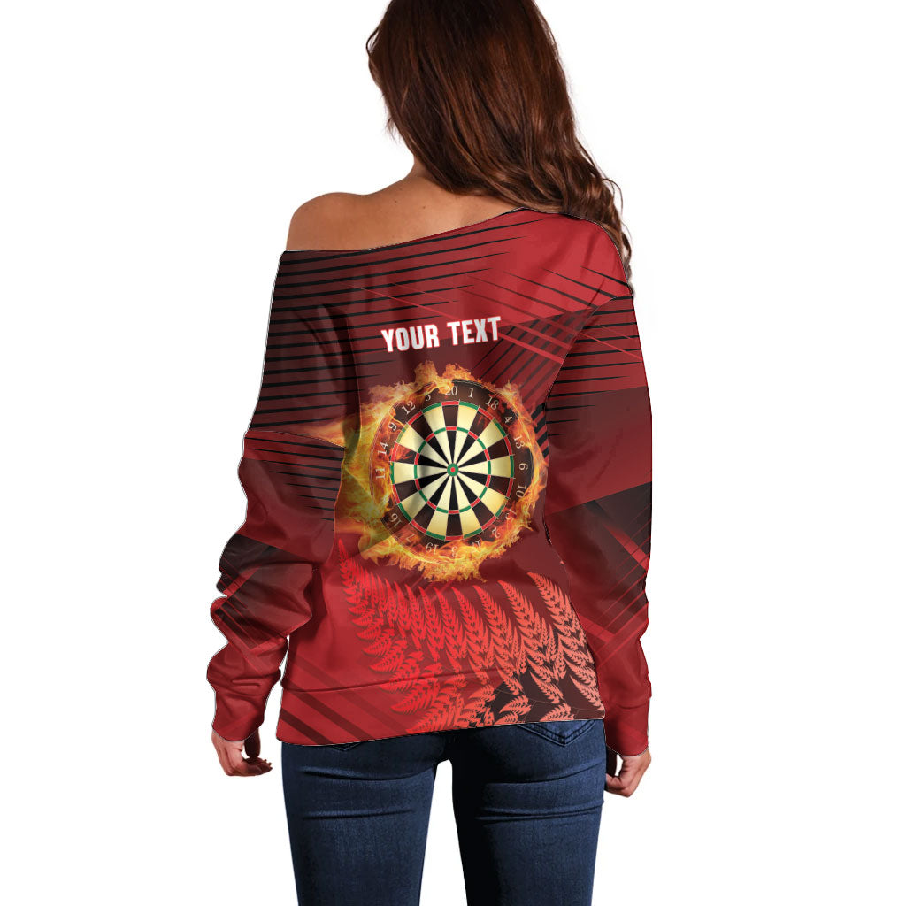 Personalised Darts New Zealand Off Shoulder Sweater Silver Fern Red Color LT22 - Polynesian Pride