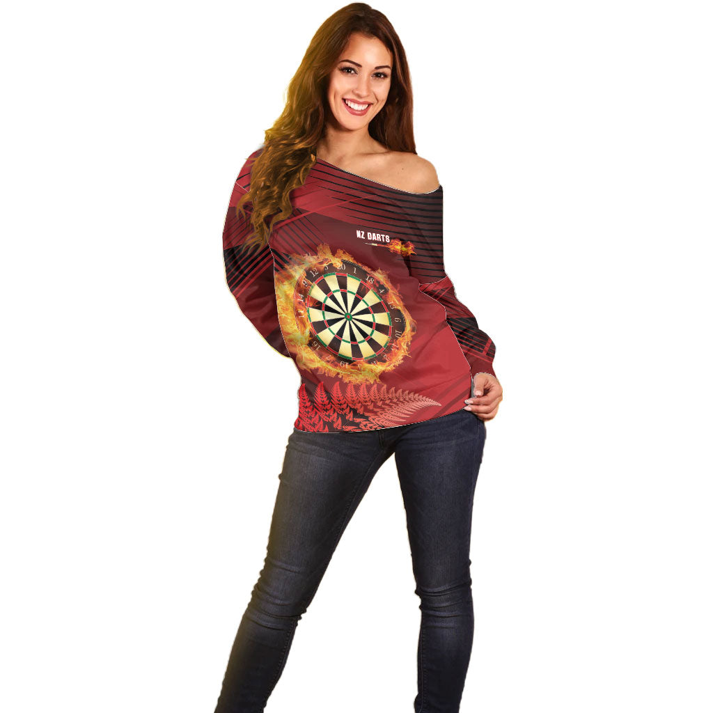 Personalised Darts New Zealand Off Shoulder Sweater Silver Fern Red Color LT22 - Polynesian Pride
