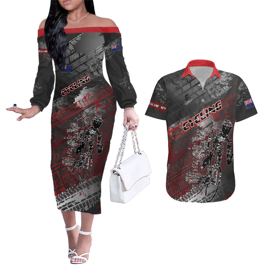 Personalised Cycling New Zealand Couples Matching Off The Shoulder Long Sleeve Dress and Hawaiian Shirt Aotearoa Pride Sportswear LT22 Red - Polynesian Pride
