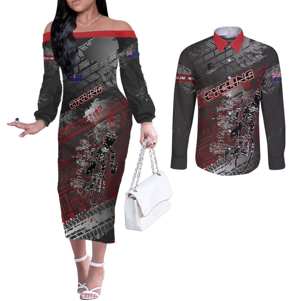 Personalised Cycling New Zealand Couples Matching Off The Shoulder Long Sleeve Dress and Long Sleeve Button Shirt Aotearoa Pride Sportswear