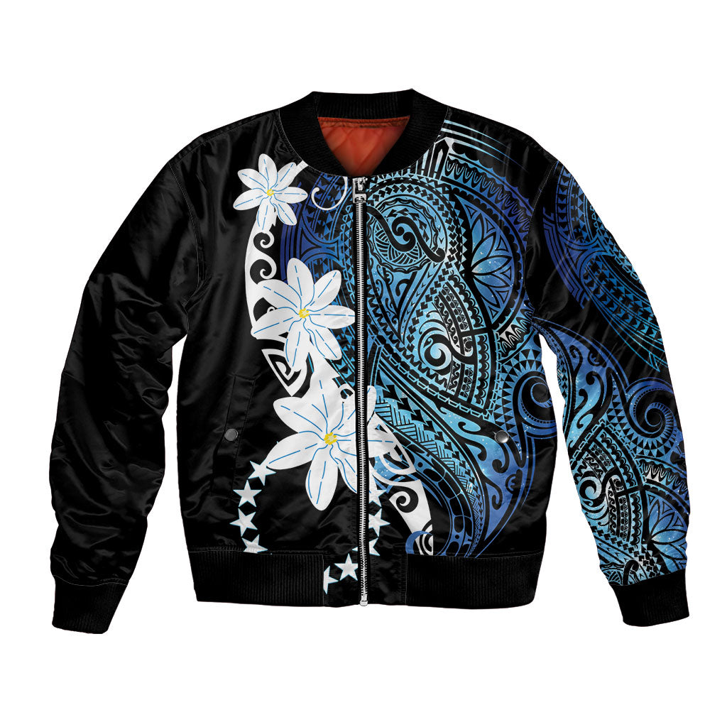 Cook Islands Maori Language Week Bomber Jacket Tiare Maori Kuki Airani Blue Pattern LT22 Unisex Blue - Polynesian Pride