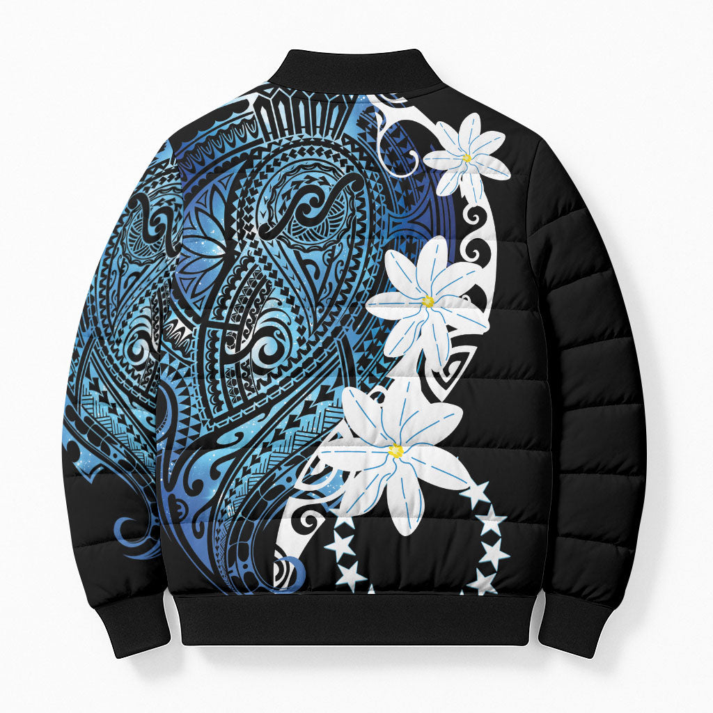 Cook Islands Maori Language Week Bomber Puffer Jacket Tiare Maori Kuki Airani Blue Pattern LT22 - Polynesian Pride