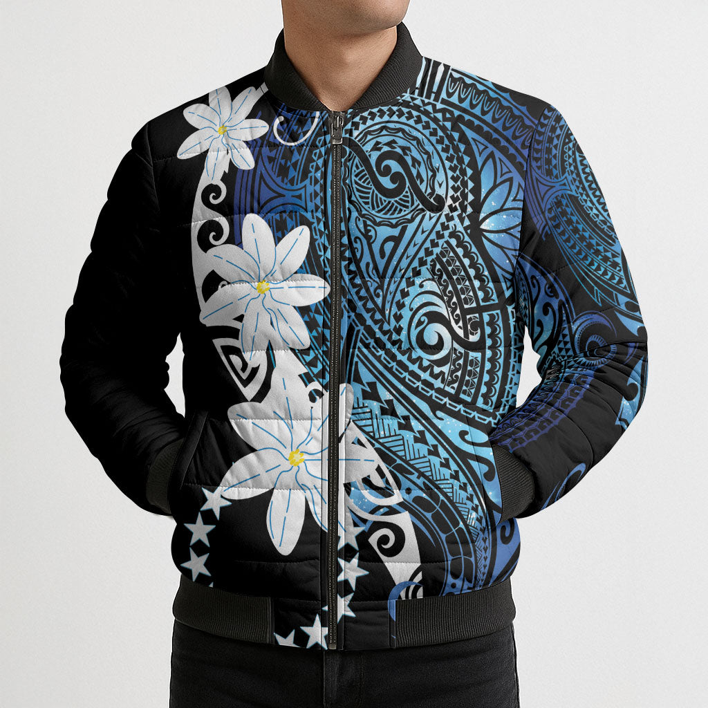 Cook Islands Maori Language Week Bomber Puffer Jacket Tiare Maori Kuki Airani Blue Pattern LT22 - Polynesian Pride