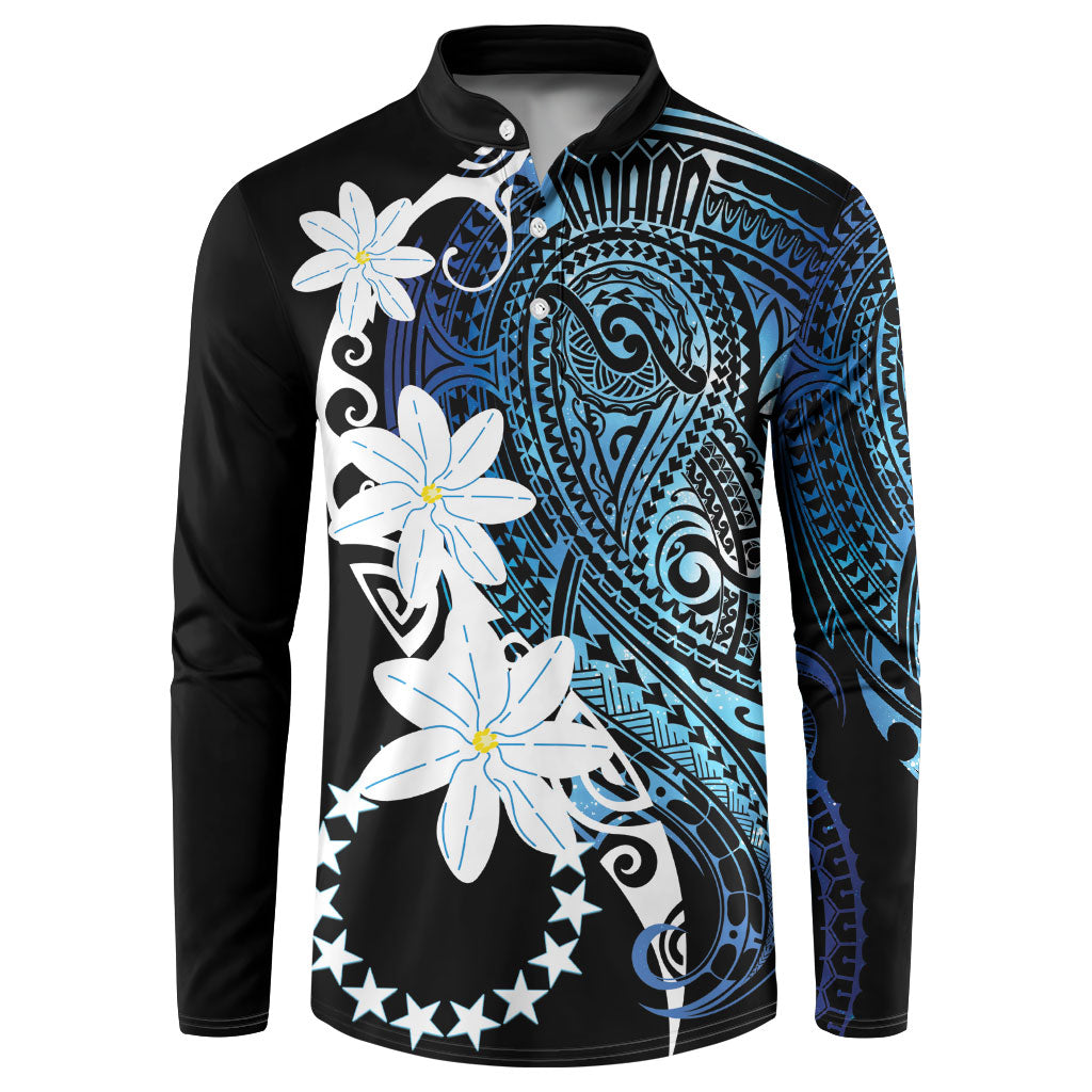 Cook Islands Maori Language Week Button Sweatshirt Tiare Maori Kuki Airani Blue Pattern LT22 Blue - Polynesian Pride
