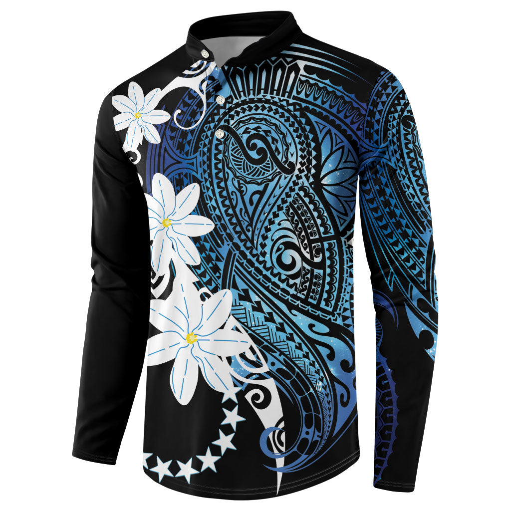 Cook Islands Maori Language Week Button Sweatshirt Tiare Maori Kuki Airani Blue Pattern LT22 - Polynesian Pride