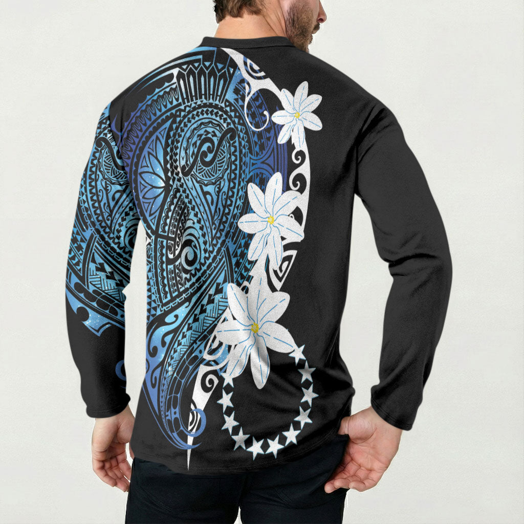 Cook Islands Maori Language Week Button Sweatshirt Tiare Maori Kuki Airani Blue Pattern LT22 - Polynesian Pride