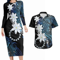 Cook Islands Maori Language Week Couples Matching Long Sleeve Bodycon Dress and Hawaiian Shirt Tiare Maori Kuki Airani Blue Pattern LT22 Blue - Polynesian Pride