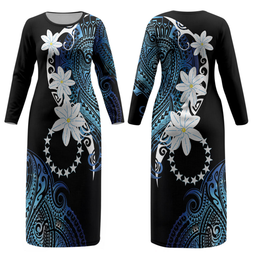 Cook Islands Maori Language Week Couples Matching Long Sleeve Bodycon Dress and Hawaiian Shirt Tiare Maori Kuki Airani Blue Pattern LT22 - Polynesian Pride
