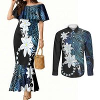 Cook Islands Maori Language Week Couples Matching Mermaid Dress and Long Sleeve Button Shirt Tiare Maori Kuki Airani Blue Pattern LT22 Blue - Polynesian Pride