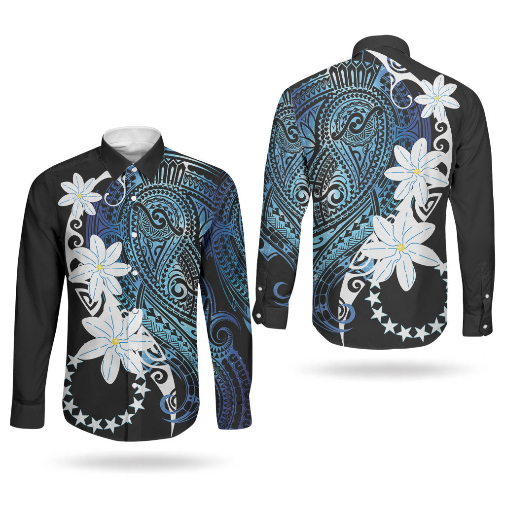 Cook Islands Maori Language Week Couples Matching Mermaid Dress and Long Sleeve Button Shirt Tiare Maori Kuki Airani Blue Pattern LT22 - Polynesian Pride