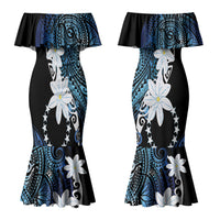 Cook Islands Maori Language Week Couples Matching Mermaid Dress and Long Sleeve Button Shirt Tiare Maori Kuki Airani Blue Pattern LT22 - Polynesian Pride