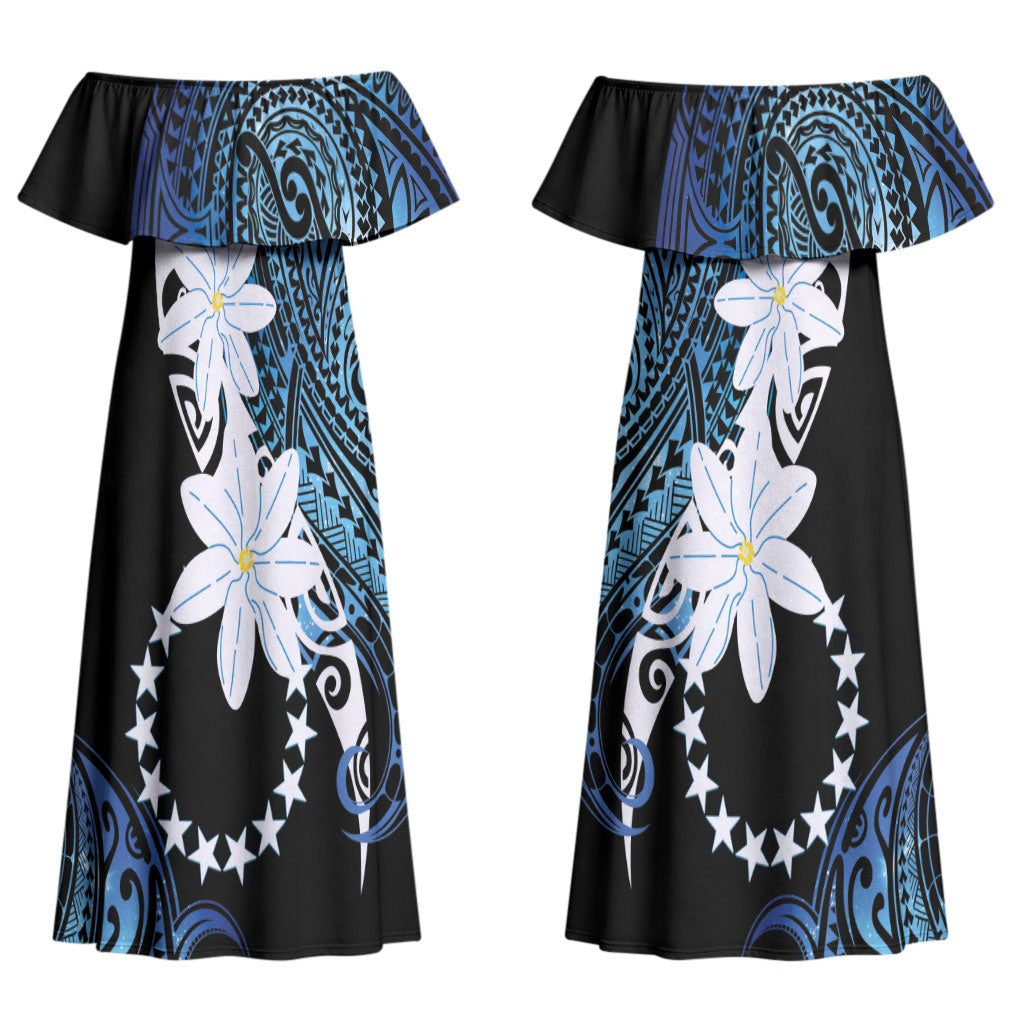 Cook Islands Maori Language Week Couples Matching Off Shoulder Maxi Dress and Hawaiian Shirt Tiare Maori Kuki Airani Blue Pattern LT22 - Polynesian Pride