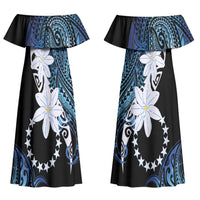 Cook Islands Maori Language Week Couples Matching Off Shoulder Maxi Dress and Hawaiian Shirt Tiare Maori Kuki Airani Blue Pattern LT22 - Polynesian Pride