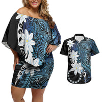 Cook Islands Maori Language Week Couples Matching Off Shoulder Short Dress and Hawaiian Shirt Tiare Maori Kuki Airani Blue Pattern LT22 Blue - Polynesian Pride