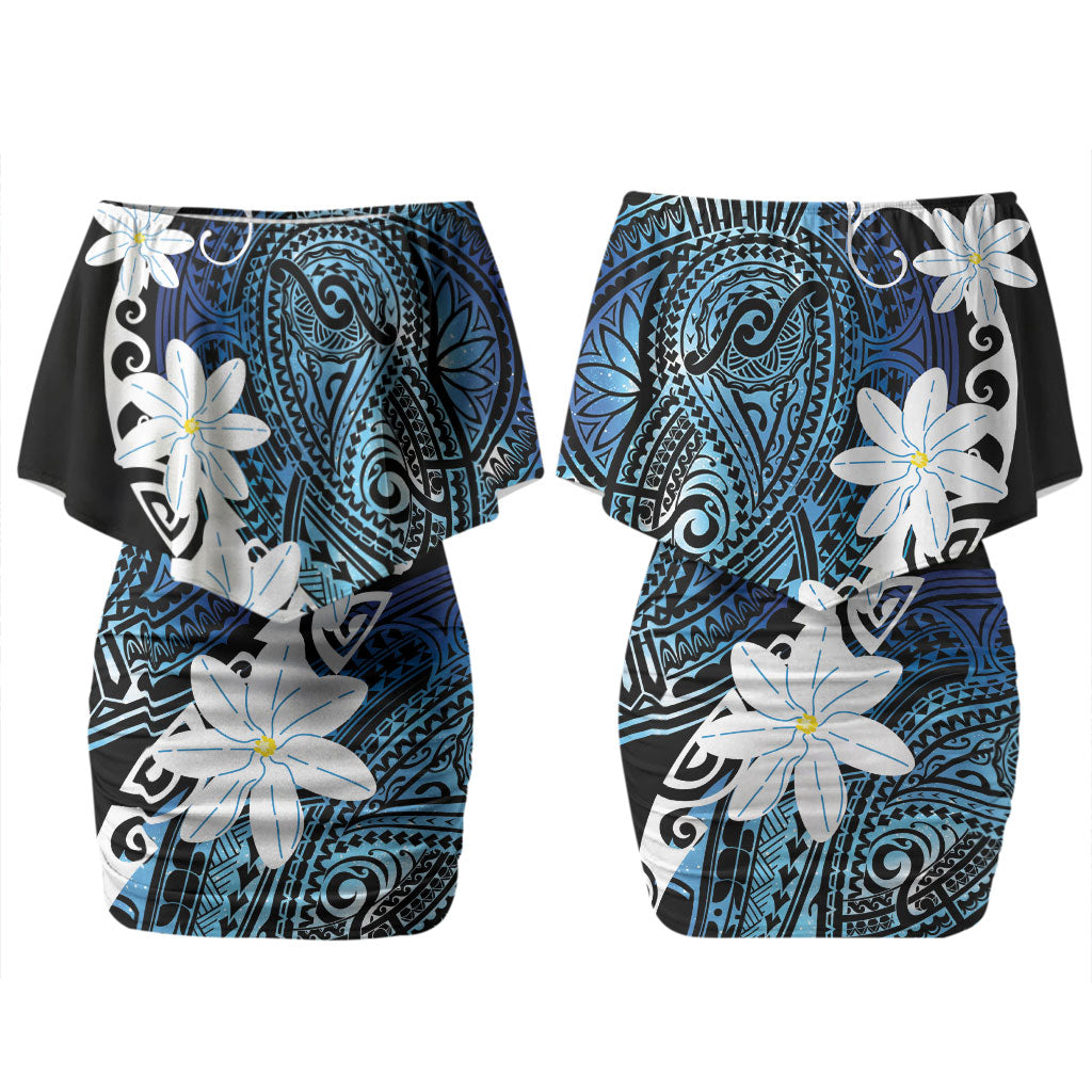 Cook Islands Maori Language Week Couples Matching Off Shoulder Short Dress and Hawaiian Shirt Tiare Maori Kuki Airani Blue Pattern LT22 - Polynesian Pride