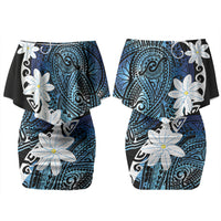 Cook Islands Maori Language Week Couples Matching Off Shoulder Short Dress and Hawaiian Shirt Tiare Maori Kuki Airani Blue Pattern LT22 - Polynesian Pride