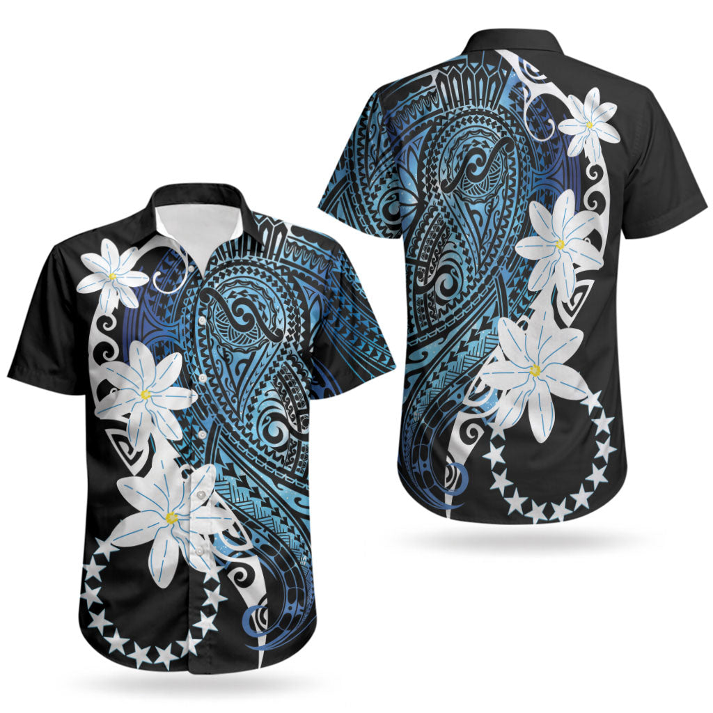 Cook Islands Maori Language Week Couples Matching Off Shoulder Short Dress and Hawaiian Shirt Tiare Maori Kuki Airani Blue Pattern LT22 - Polynesian Pride