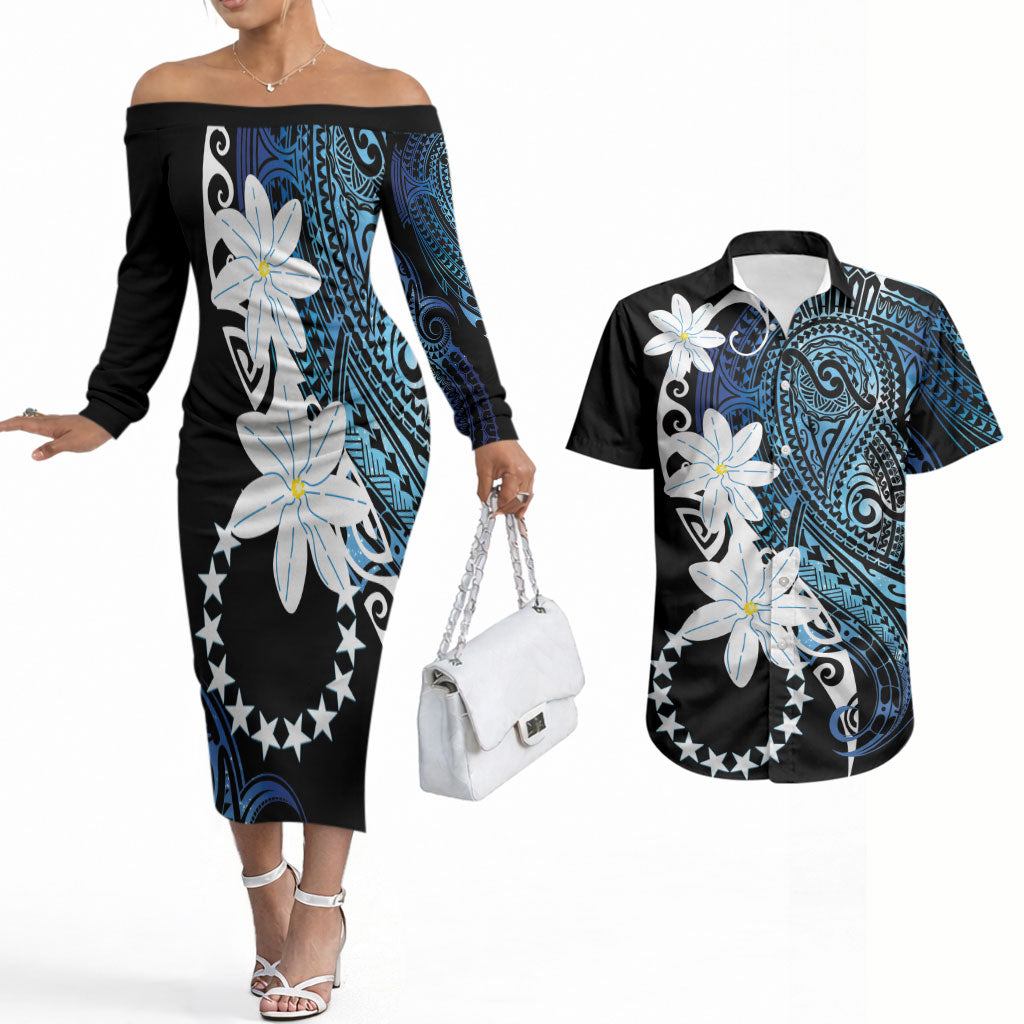 Cook Islands Maori Language Week Couples Matching Off The Shoulder Long Sleeve Dress and Hawaiian Shirt Tiare Maori Kuki Airani Blue Pattern LT22 Blue - Polynesian Pride
