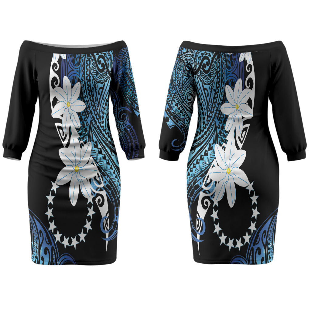 Cook Islands Maori Language Week Couples Matching Off The Shoulder Long Sleeve Dress and Long Sleeve Button Shirt Tiare Maori Kuki Airani Blue Pattern LT22 - Polynesian Pride
