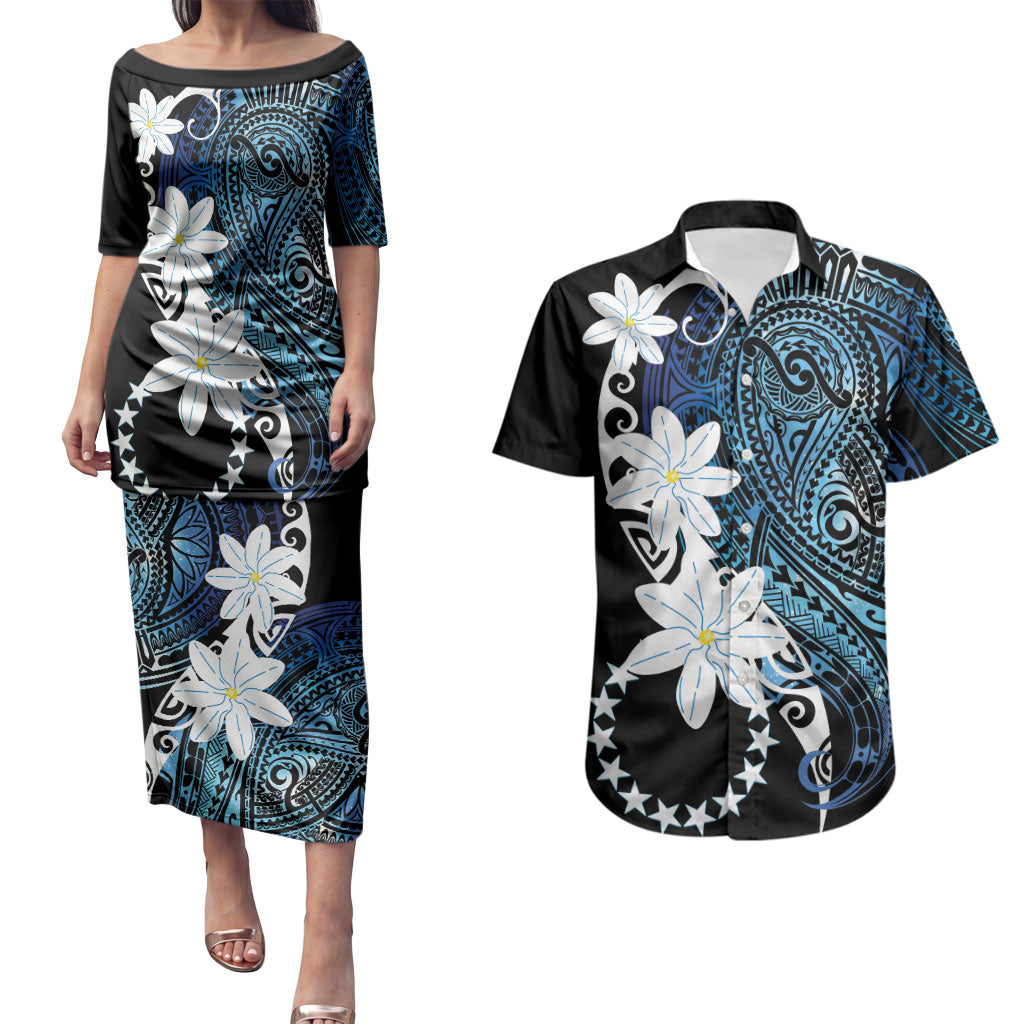 Cook Islands Maori Language Week Couples Matching Puletasi and Hawaiian Shirt Tiare Maori Kuki Airani Blue Pattern LT22 Blue - Polynesian Pride
