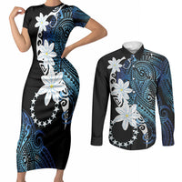 Cook Islands Maori Language Week Couples Matching Short Sleeve Bodycon Dress and Long Sleeve Button Shirt Tiare Maori Kuki Airani Blue Pattern LT22 Blue - Polynesian Pride