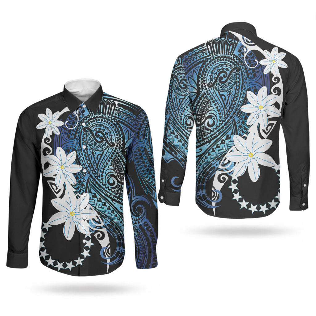 Cook Islands Maori Language Week Couples Matching Short Sleeve Bodycon Dress and Long Sleeve Button Shirt Tiare Maori Kuki Airani Blue Pattern LT22 - Polynesian Pride