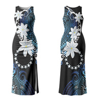 Cook Islands Maori Language Week Couples Matching Tank Maxi Dress and Long Sleeve Button Shirt Tiare Maori Kuki Airani Blue Pattern LT22 - Polynesian Pride