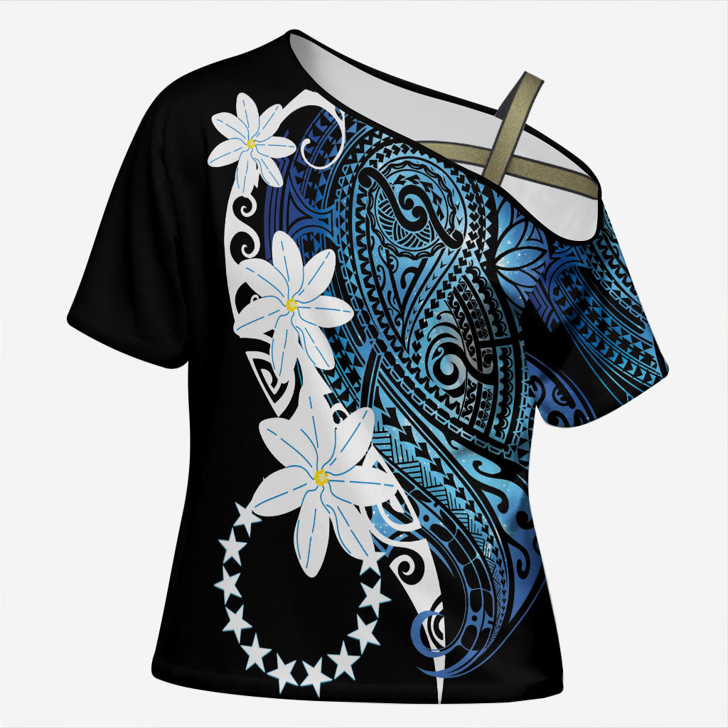 Cook Islands Maori Language Week Cross Shoulder Shirt Tiare Maori Kuki Airani Blue Pattern LT22 Female Blue - Polynesian Pride