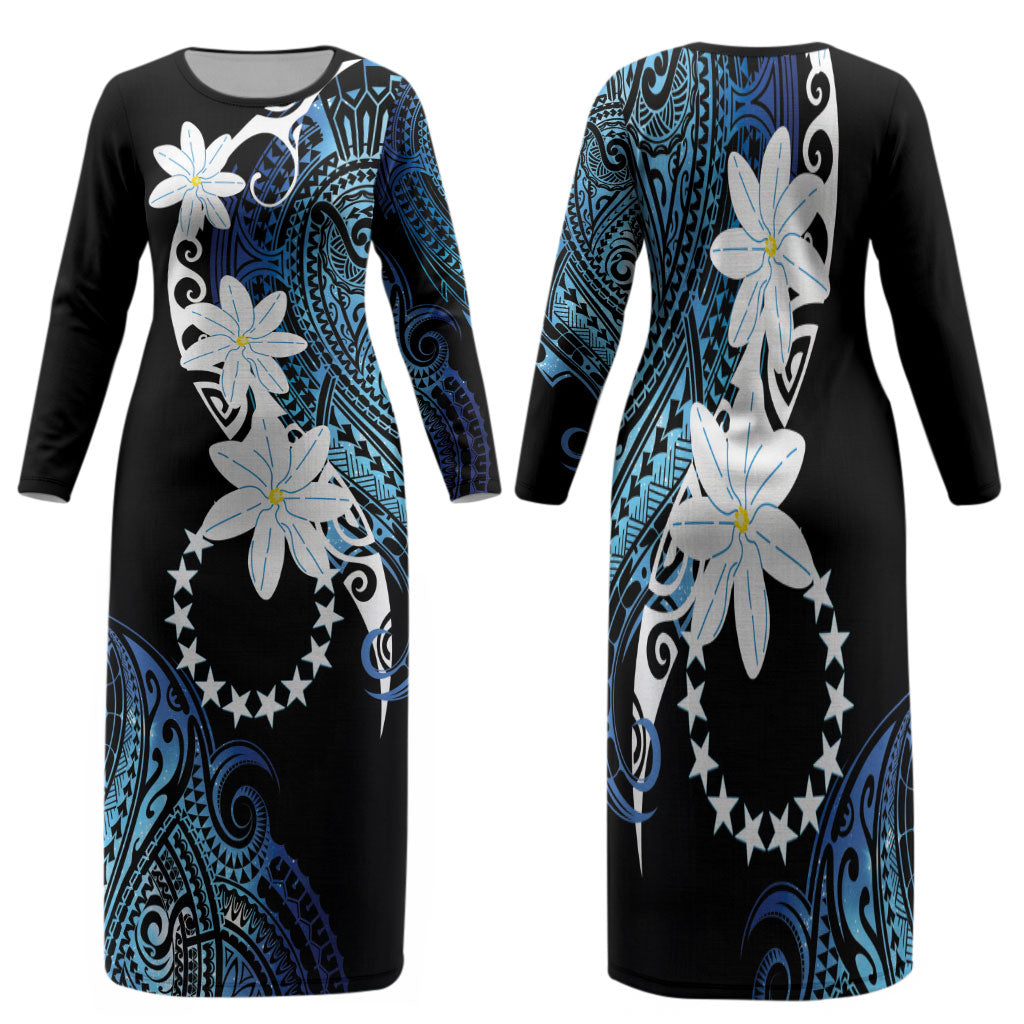 Cook Islands Maori Language Week Family Matching Long Sleeve Bodycon Dress and Hawaiian Shirt Tiare Maori Kuki Airani Blue Pattern LT22 Mom's Dress Blue - Polynesian Pride