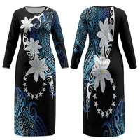 Cook Islands Maori Language Week Family Matching Long Sleeve Bodycon Dress and Hawaiian Shirt Tiare Maori Kuki Airani Blue Pattern LT22 Mom's Dress Blue - Polynesian Pride