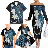 Cook Islands Maori Language Week Family Matching Off The Shoulder Long Sleeve Dress and Hawaiian Shirt Tiare Maori Kuki Airani Blue Pattern LT22 - Polynesian Pride